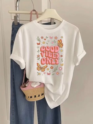 Mercoledi Good Vibes Only Baskılı Oversize Bisiklet Yaka T-Shirt
