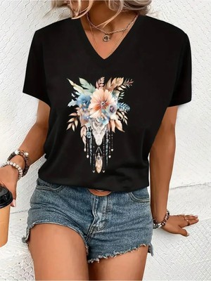 Mercoledi Çiçek Baskılı Kadın Oversize V Yaka T-Shırt