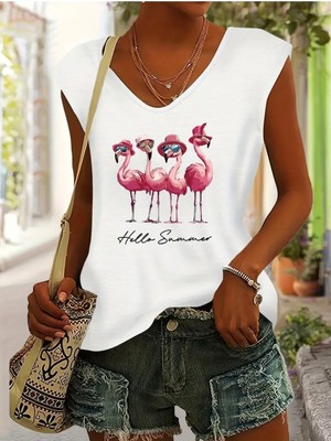 Mercoledi Flamingo Baskılı Kadın Oversize Kolsuz T-Shırt
