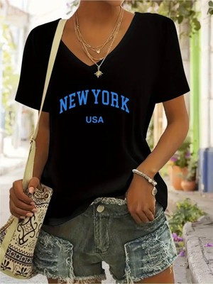 Mercoledi New York Baskılı Kadın Oversize V Yaka T-Shırt