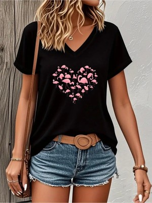 Mercoledi Flamıngo Kalp Baskılı Kadın Oversize V Yaka T-Shırt