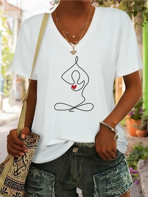 Mercoledi Yoga Baskılı Kadın Oversize V Yaka T-Shırt