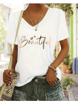 Mercoledi V Yaka Oversize Beautiful Baskılı Tişört