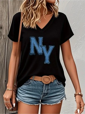 Mercoledi Denim Ny Baskılı Kadın Oversize V Yaka T-Shırt