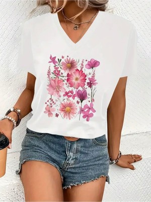 Mercoledi Çiçek Baskılı Kadın Oversize V Yaka T-Shırt
