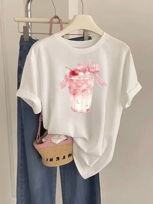 Mercoledi Ekose Kurdele Bardak Baskılı Oversize Bisiklet Yaka T-Shirt