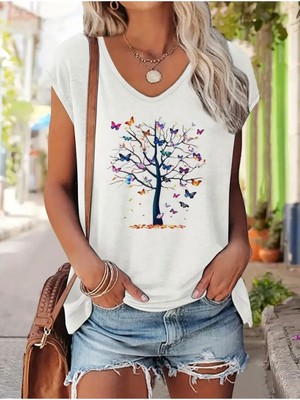 Mercoledi Kelebekli Ağaç Baskılı Kadın Oversize Kolsuz T-Shırt