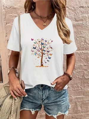 Mercoledi Kelebekli Ağaç Baskılı Kadın Oversize V Yaka T-Shırt