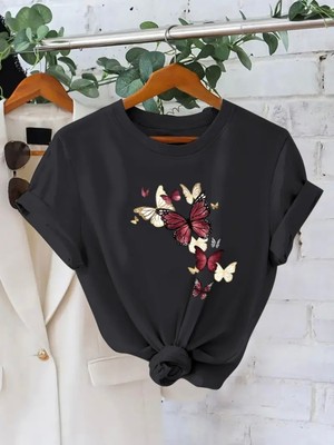 Mercoledi Kelebek Baskılı Oversize Bisiklet Yaka T-Shirt