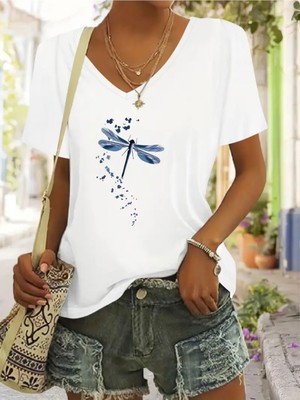 Mercoledi Yusufçuk Baskılı Kadın Oversize V Yaka T-Shırt