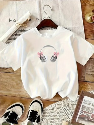 Mercoledi Kurdeleli Kulaklık Baskılı Oversize Bisiklet Yaka T-Shirt