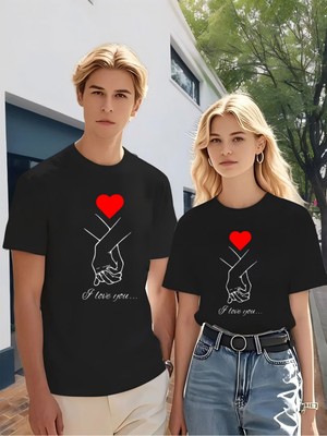 Mercoledi Çift Kombini 1 Adet Erkek Modeli Sevgililer Günü Baskılı Rahat Kalıp T-Shirt