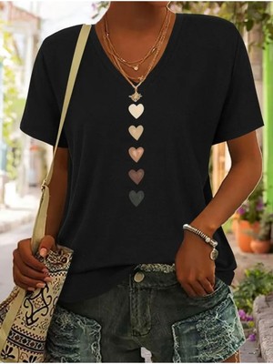 Mercoledi Kalp Baskılı V Yaka Oversize T-Shirt