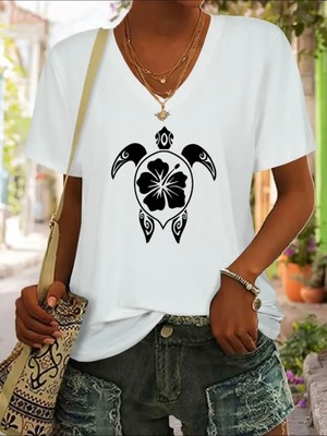 Mercoledi Kaplumbağa Baskılı Kadın Oversize V Yaka T-Shırt