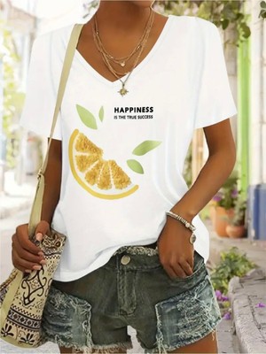 Mercoledi Lemon Happınes Baskılı Kadın Oversize V Yaka T-Shırt