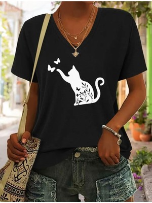 Mercoledi Ked Baskılı V Yaka Kadın Oversize T-Shirt