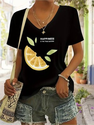 Mercoledi Lemon Happınes Baskılı Kadın Oversize V Yaka T-Shırt