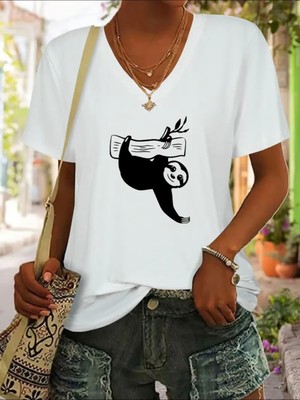 Mercoledi Monkey Baskılı V Yaka Kadın Oversize T-Shirt