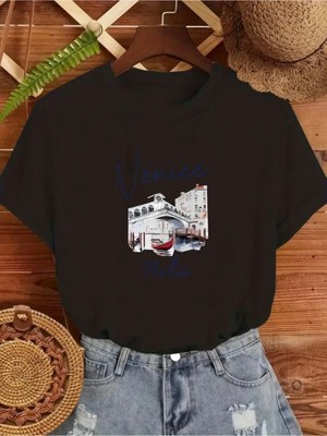 Mercoledi Venıce Italıa Baskılı Oversize Bisiklet Yaka T-Shirt