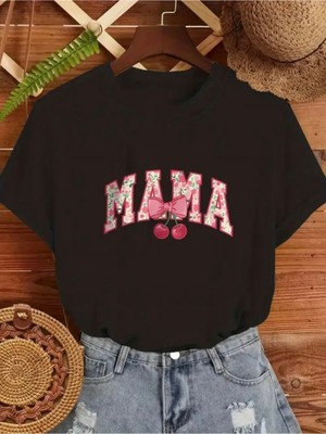 Mercoledi Mama Cherry Baskılı Oversize Bisiklet Yaka T-Shirt