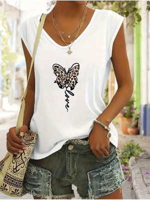 Mercoledi Kelebek Baskılı Kadın Oversize Kolsuz T-Shırt