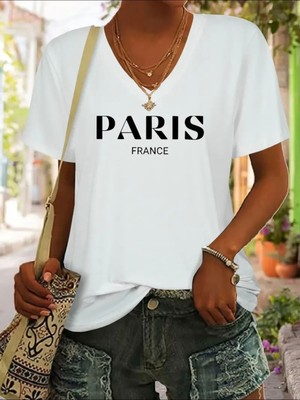 Mercoledi Paris Baskılı Kadın Oversize V Yaka T-Shırt