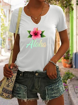 Mercoledi Kadın Aloha Baskılı Yarım V-Yaka Kollu Regular Kalıp Rahat T-Shirt