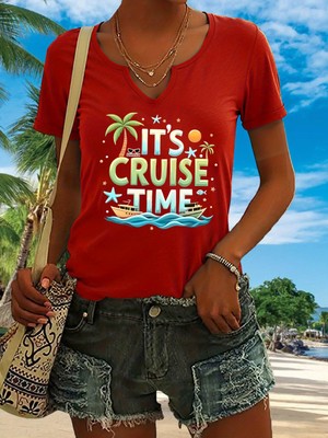 Mercoledi Kadın Cruise Time Baskılı Yarım V-Yaka Kollu Regular Kalıp Rahat T-Shirt