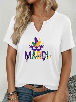 Mercoledi Kadın Mardi Gras Baskılı Yarım V-Yaka Kollu Regular Kalıp Rahat T-Shirt