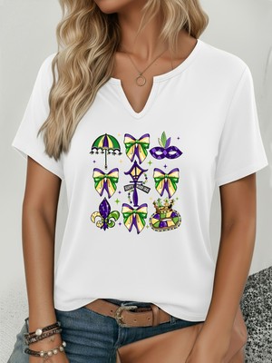 Mercoledi Kadın Mardi Gras Baskılı Yarım V-Yaka Kollu Regular Kalıp Rahat T-Shirt
