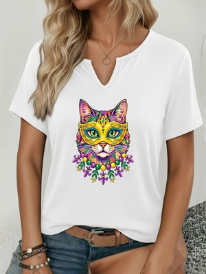 Mercoledi Kadın Mardi Gras Baskılı Yarım V-Yaka Kollu Regular Kalıp Rahat T-Shirt