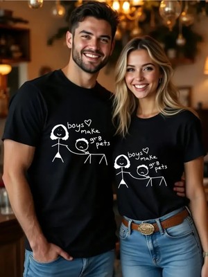 Mercoledi Çift Kombini 1 Adet Erkek Modeli Sevgililer Günü Baskılı Rahat Kalıp T-Shirt