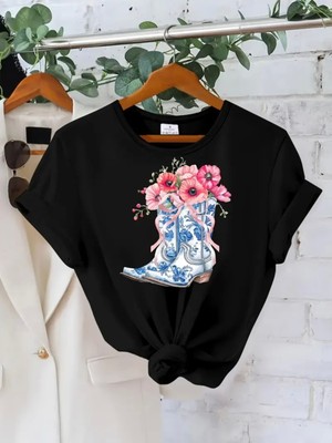 Mercoledi Çiçekli Çizme Tasarım Baskılı Oversize Bisiklet Yaka T-Shirt