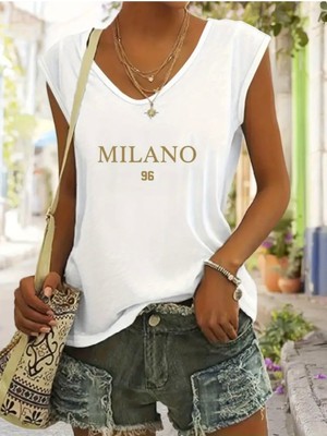 Mercoledi Milano Baskılı Kadın Oversize Kolsuz T-Shırt