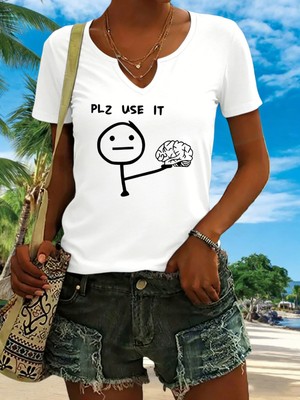Mercoledi Kadın Use It Baskılı Yarım V-Yaka Kollu Regular Kalıp Rahat T-Shirt