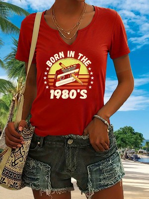 Mercoledi Kadın 1980'S Baskılı Yarım V-Yaka Kollu Regular Kalıp Rahat T-Shirt