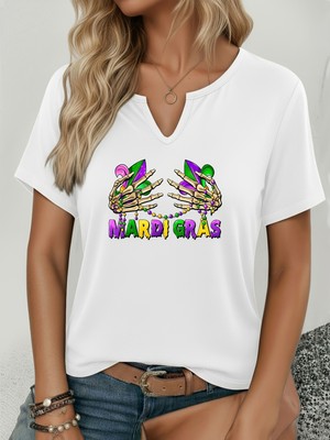 Mercoledi Kadın Mardi Gras Baskılı Yarım V-Yaka Kollu Regular Kalıp Rahat T-Shirt
