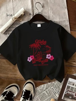 Mercoledi Aloha Beach Club Baskılı Oversize Bisiklet Yaka T-Shirt