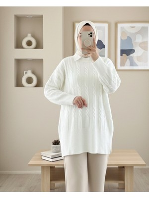 Modamorfo Kabartma Desenli Yumoş Triko Kazak -Ekru