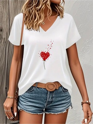Mercoledi Kırmızı Kalp Baskılı Kadın Oversize V Yaka T-Shırt