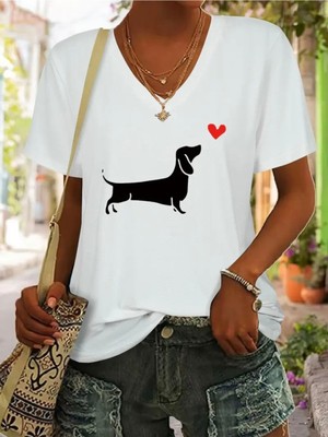 Mercoledi Dog Heart Baskılı Kadın Oversize V Yaka T-Shırt