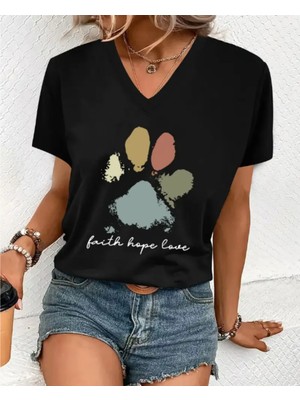 Mercoledi V Yaka Oversize Faith Hope Love Baskılı Tişört