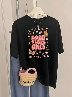 Mercoledi Good Vibes Only Baskılı Oversize Bisiklet Yaka T-Shirt