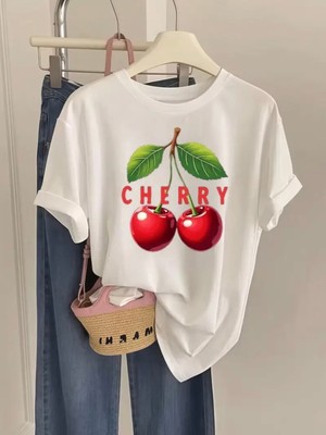 Mercoledi Cherry Baskılı Oversize Bisiklet Yaka T-Shirt