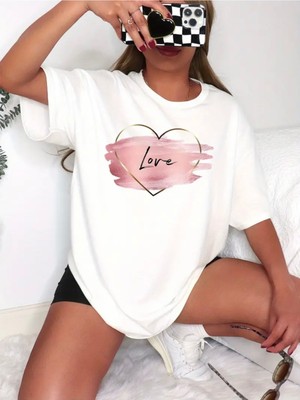 Mercoledi Love Kalp Baskılı Oversize Bisiklet Yaka T-Shirt