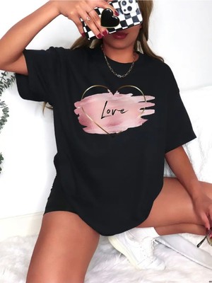 Mercoledi Love Kalp Baskılı Oversize Bisiklet Yaka T-Shirt