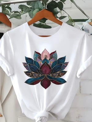 Mercoledi Lotus Çiçeği Baskılı Oversize Bisiklet Yaka T-Shirt