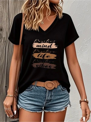 Mercoledi Posıtıve Mınd Lıfe Vıbes Baskılı Kadın Oversize V Yaka T-Shırt