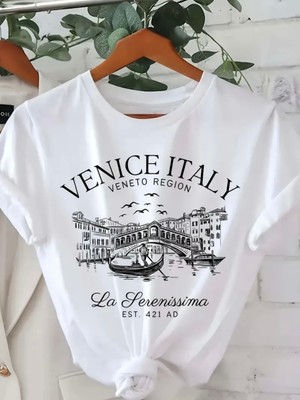 Mercoledi Venice Italy Baskılı Oversize Bisiklet Yaka T-Shirt