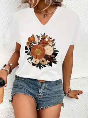 Mercoledi Çiçek Baskılı Kadın Oversize V Yaka T-Shırt